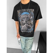 Abluka Online Erkek Oversize Kaplan Baskılı T-Shirt Siyah