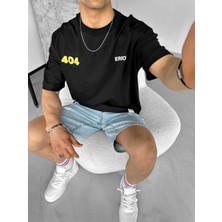 Abluka Online Erkek Ipli Fitilli Yazlık Bisiklet Yaka Oversize "error 404" Baskılı Iki Iplik T-Shirt Siyah