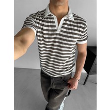 Abluka Online Erkek Triko Polo Yaka Çizgili T-Shirt Kahve