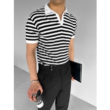 Abluka Online Erkek Triko Polo Yaka Çizgili T-Shirt Siyah