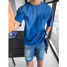Abluka Online Erkek Oversize Çift Katman Cepli T-Shirt Mavi