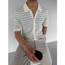Abluka Online Erkek Oversize Çizgili Polo Yaka Örme Gömlek Gri