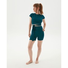 Ayma Active Petrol Sırt Dekolteli Drape Detaylı Crop Kısa Kollu Bluz
