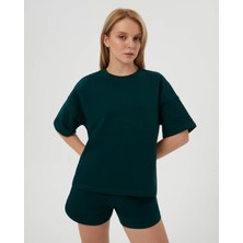 Ayma Active Kadın Koyu Yeşil Sweat-Tee - Gots Sertifikalı Organik Pamuk, İçi Şardonlu, Kısa Kollu, Bisiklet Yaka, Günlük ve Spor Kullanım İçin Rahat Sweatshirt Tişört