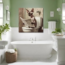 Gaagart Tekli Kare Kanvas Banyo Tablosu Gazete Okuyan Sfenks Kedisi