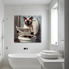 Gaagart Tekli Kare Kanvas Banyo Tablosu Gazete Okuyan Siyam Kedisi