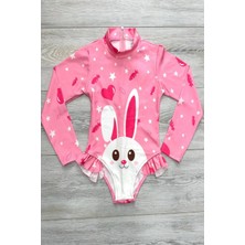 Podium Giyim Yeni Trend Uzun Kollu Sevimli Tavşan Baskılı Fırfır Detaylı Mayo Güneş Korumalı - Mayo Takımı