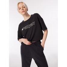 Discovery Expedition Siyah Kadın Bisiklet Yaka Oversize Baskılı T-Shirt D4SL-TST3043