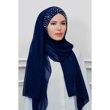 Hürrem Bone Lacivert Pratik Hazır Geçmeli Bone Şal Şifon Kendinden Topuzlu Taşlı Elişi Işlemeli 1450_02
