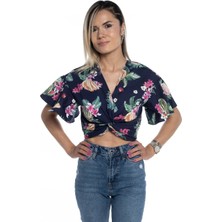 Mgebutik Lacivert Kadın Kol Detaylı Crop Bluz