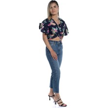 Mgebutik Lacivert Kadın Kol Detaylı Crop Bluz