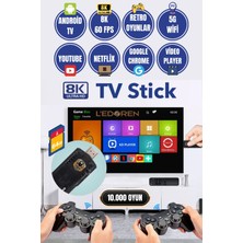 L'edoren 8k Android Tv Wifi Kablosuz Çift Kol Retro Oyunlar Game Stick 64GB Hafıza 10000 Oyun Atari