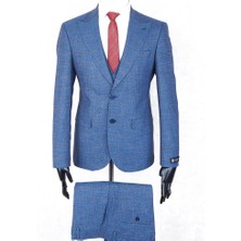 Jan Carlucci Slim Fit Sivri Yaka-Çift Yırtmaç Mavi Kareli  Drop 6 Yelekli Takım Elbise