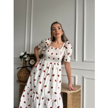 Seda Fidan Butik Çilekli Balon Kol Poplin Elbise Ekru