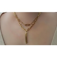 Nevamor Çift Zincir Dikdörtgen Gold Altın Kaplama Kolye