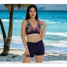 Shopiolog Kruvaze Desenli Şortlu Büyük Beden Bikini