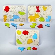 Asudehome Ev Gereçleri Ahşap Puzzle 3’lu Eğitici Öğretici Set Yapboz Puzzle Bultak Çocuk Oyuncağı, Hayvan, Meyve, Deniz