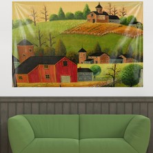 Pelangi Köy Evleri Tablo Desen Leke Tutmaz Kadife Kumaş Duvar Örtüsü Duvar Halısı Tapestry