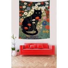 Pelangi Çiçekler Içerisindeki Siyah Kedi Leke Tutmaz Kumaş Duvar Örtüsü Duvar Halısı Tapestry