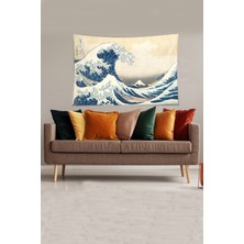 Pelangi Bej-Mavi Katsushika Hokusai Serisi Leke Tutmaz Kadife Kumaş Duvar Örtüsü Duvar Halısı Tapestry