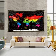 Pelangi Dünya Haritası Desen Leke Tutmaz Kadife Dokulu Kumaş Duvar Örtüsü Duvar Halısı Tapestry