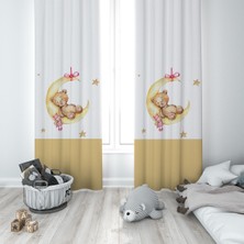 Pelangi Pembe Ayda Uyuyan Ayıcık Desenli Dijital Baskı Yıkanabilir Bebek Çocuk Odası Fon Perdesi