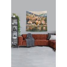 Pelangi Bej Gölde Kayık Çeken Adam Leke Tutmaz Kadife Kumaş Duvar Örtüsü Duvar Halısı Tapestry