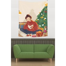Pelangi Yılbaşı Kartı Okuyan Kız Çam Ağacı Temalı Leke Tutmaz Kumaş Duvar Örtüsü Duvar Halısı Tapestry