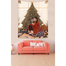 Pelangi Çam Ağacı Yılbaşında  Kahve Içen Mutlu Kız Leke Tutmaz Kumaş Duvar Örtüsü Duvar Halısı Tapestry
