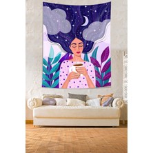 Pelangi Saçlarındaki Ay Kahve Içen Kız Leke Tutmaz Kumaş Duvar Örtüsü Duvar Halısı Tapestry