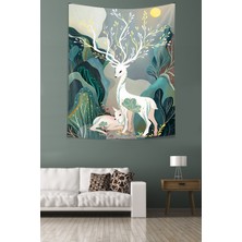 Pelangi Ay Işığında Ormandaki Geyik ve Yavrusu Leke Tutmaz Kumaş Duvar Örtüsü Duvar Halısı Tapestry