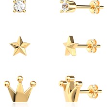 İndigo Takı Taç Yıldız Tek Taş Üçlü Kombin Altın Kaplama Gümüş Küpe