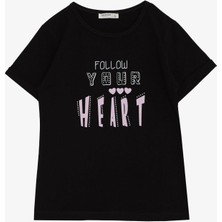 Breeze Kız Çocuk Tişört Taşlı Yazı & Kalp Baskılı 8-14 Yaş, Siyah