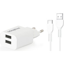 Adapthor 10W 5V 2.1A Çift USB + USB To Type C 2.4A Kablolu Set Beyaz