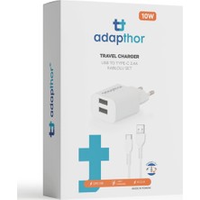 Adapthor 10W 5V 2.1A Çift USB + USB To Type C 2.4A Kablolu Set Beyaz