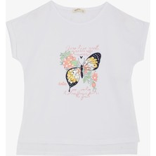Breeze Kız Çocuk Tişört Kelebek Baskılı 10-16 Yaş, Beyaz