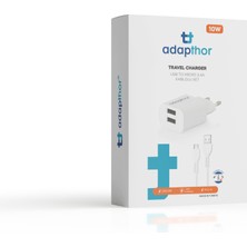 Adapthor 10W 5V 2.1A Çift USB + USB To Mıcro 2.4A Kablolu Set Beyaz