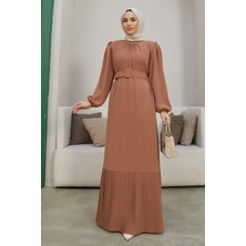 Vavinor Etek Ucu Pileli Elbise - Camel