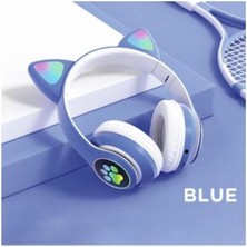 Yirmiyirmi Ticaret Işıklı Mavi Vilya Kedi Kulağı Detaylı Kablosuz Çocuk Kulaklığı Bluetooth 5.0