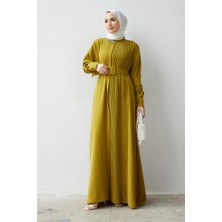 Vavinor Piliseli Kemerli Elbise - Yağ Yeşili