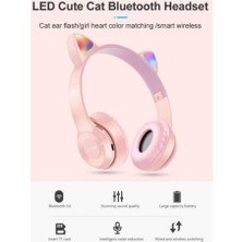 Yirmiyirmi Ticaret Pembe Renkli Bluetooth 5.0 LED Işıklı Kedi Kulaklık Detaylı Mikrofonlu