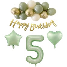 Bal10 Dünyası 5 Yaş Happy Bırthday Yazılı Banner Su Yeşili Renk Rakam Kalp Yıldız Folyo ve Latex Balon Seti
