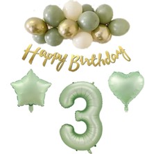 Bal10 Dünyası 3 Yaş Happy Bırthday Yazılı Banner Su Yeşili Renk Rakam Kalp Yıldız Folyo ve Latex Balon Seti