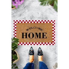 Pelangi Dijital Baskılı Welcome Home Yazılı Kırmızı Dama Figürlü Dekoratif Kapı Önü Paspası