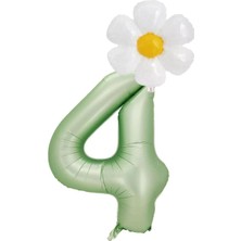 Best Parti 4 Yaş Su Yeşili Renk Rakam ve Papatya Folyo Balon Seti