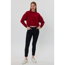 Kef Clothing Bordo Crop Sweatshirt, Crop Sweatshirt, Kadın Sweatshirt, Bisiklet Yaka Sweatshirt