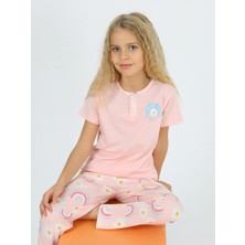 Vitmo Kız Çocuk Kısa Kollu %100 Pamuklu Düğme Detaylı Rainbow Pijama Takımı Nar