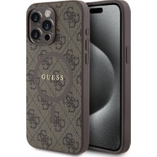 Guess iPhone 15 Pro Max Uyumlu Kılıf Guess Lisanslı Magsafe 4g Desenli Yazı Logolu Kapak Kahverengi