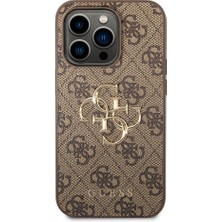 Guess iPhone 14 Pro Uyumlu Kılıf Guess Pu Deri Büyük Metal Logo Dizaynlı Kapak Kahverengi