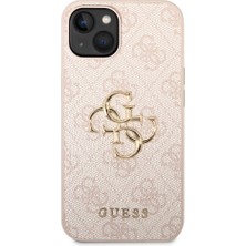 Guess iPhone 14 Uyumlu Kılıf Guess Pu Deri Büyük Metal Logo Dizaynlı Kapak Pembe